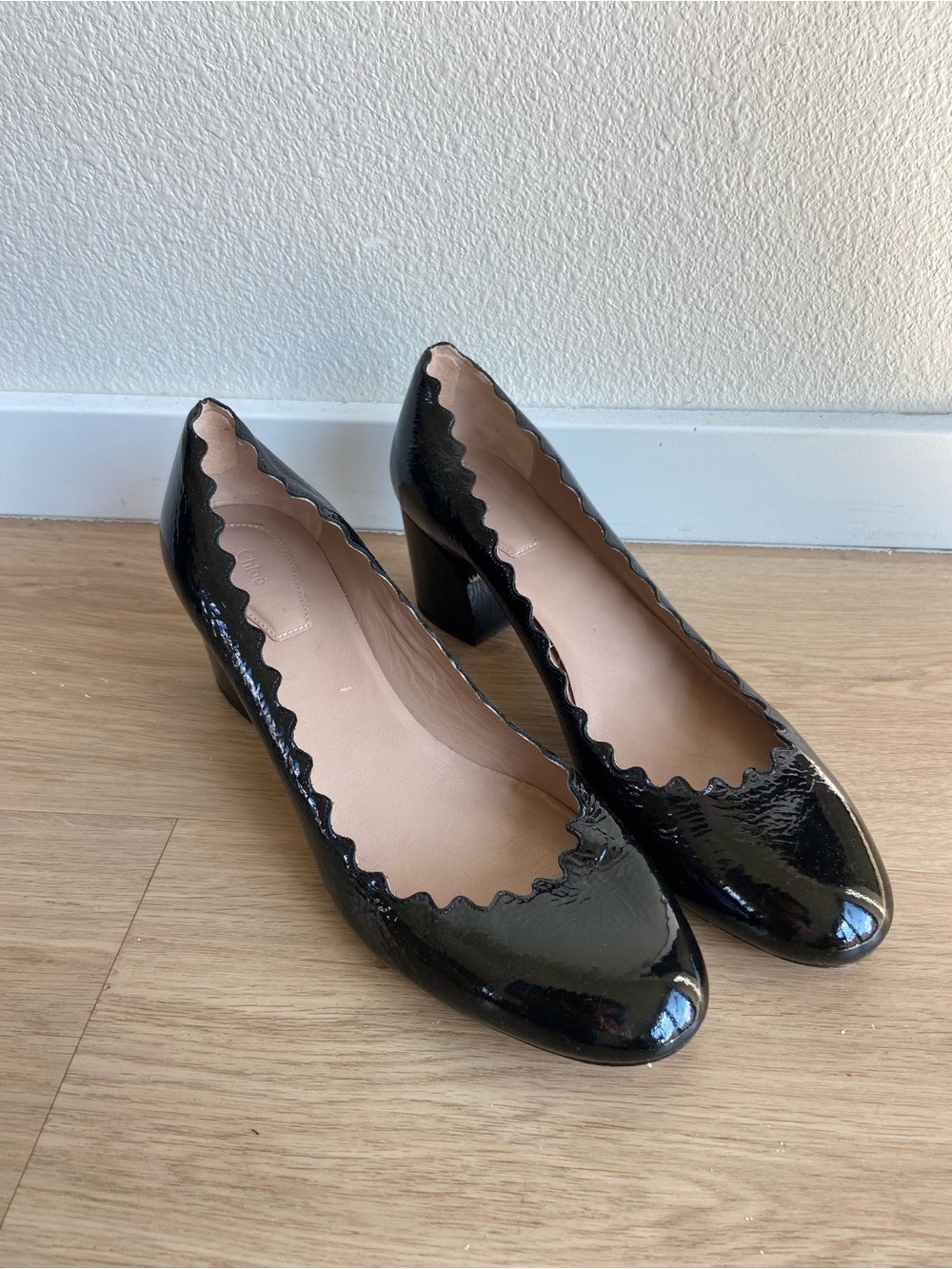 Chloé Black Patent Scalloped Block Heel Pumps